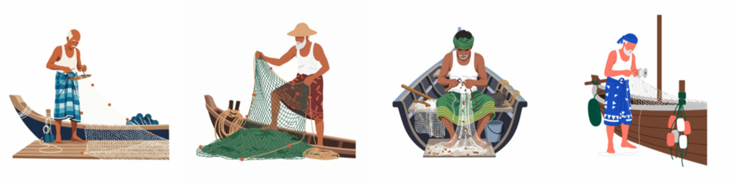 Set of flat vector illustrations of traditional Indian fishermen working with fishing nets on wooden boats.