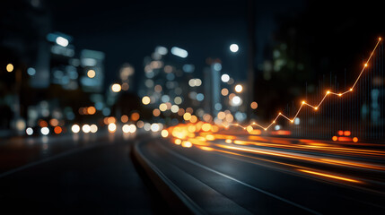 Obraz premium Urban Growth: A dynamic abstract representation of urban development, with a rising graph superimposed on a blurry nighttime cityscape, symbolizing progress and economic expansion.