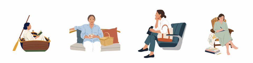 Flat vector illustration set of women enjoying diverse leisure activities including boating, reading, picnicking, and traveling for lifestyle and vacation themes. © Muqodimatul