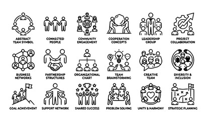 Obraz premium Creative Teamwork Icons Set with Collaboration Network and Leadership Vector Symbols