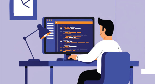 Software Developer Coding at Desk Flat Illustration - Web Programmer Working on Computer in Modern Office
