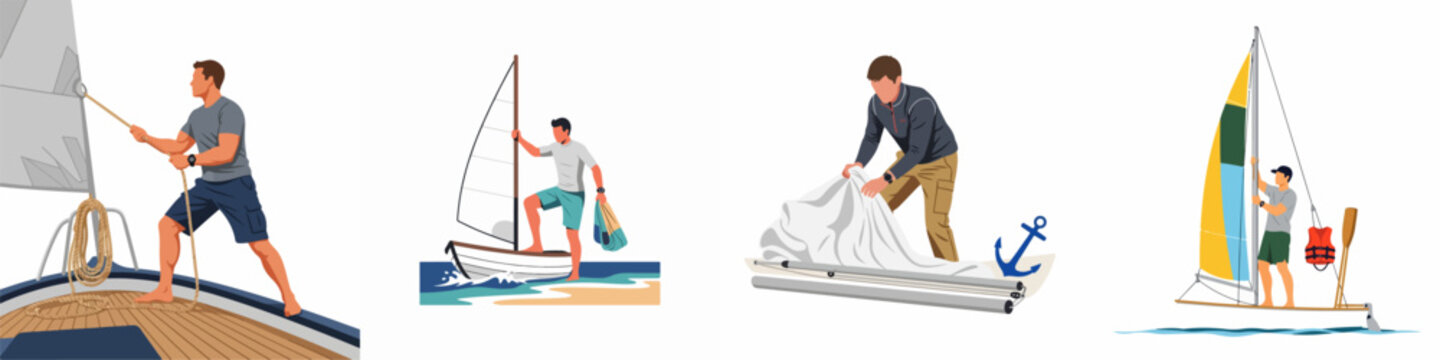 Vector illustrations set of men engaged in various sailing activities, including pulling ropes, fishing, and preparing sails, isolated on a white background.