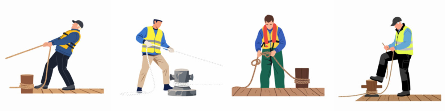 Collection of illustrations featuring dockworkers in safety gear mooring ships with ropes and bollards on a pier, isolated on white.