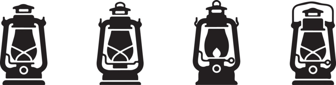 Camping Lantern Silhouette Icons Set with Kerosene Lamp Outdoor Lighting and Emergency Equipment Vector Collection