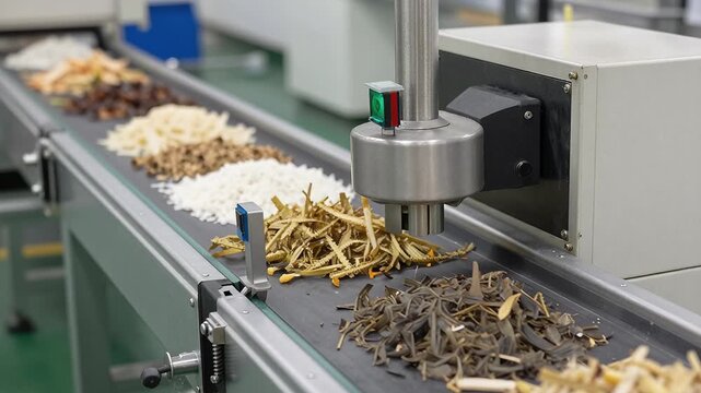 Sorting Different Types of Food Ingredients on a Conveyor Belt in a Processing Plant