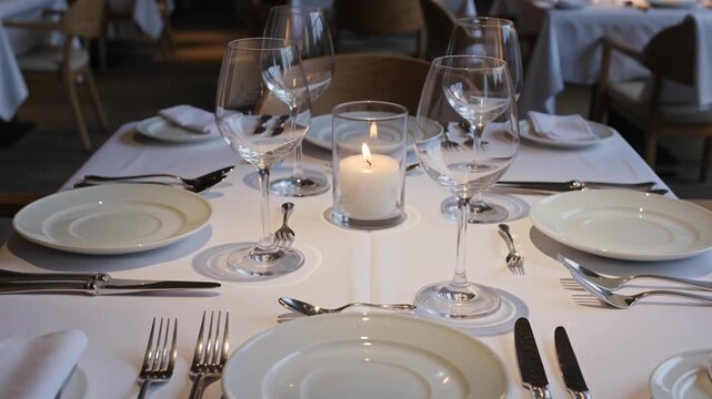 Elegant dining table setting with white tablecloth, crystal glasses, and lit candle