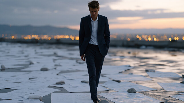 Entrepreneur pacing across a rain soaked industrial rooftop amid scattered competitor analysis charts weighted down by stones, the wet surface reflecting city lights below,