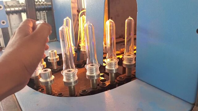 Industrial Worker Hand Loading Plastic Preforms into Blow Molding Machine Heating Unit