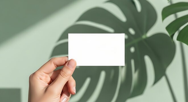 Blank business card mockup held by hand with tropical monstera leaves