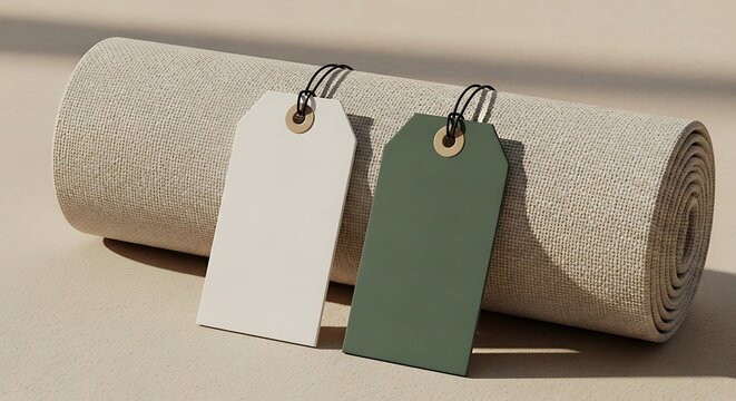 Rolled yoga mat with blank tags wellness and fitness concept