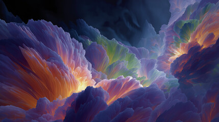 Obraz premium Cosmic Abstract: An abstract visualization resembling celestial clouds, painted with vibrant hues of purple, orange, and green, evokes a sense of cosmic wonder and ethereal beauty.