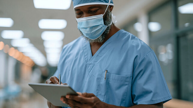 Surgeon reviewing AI diagnostic recommendation on tablet moments before entering operating room, pausing to write personal clinical override note, tension between algorithmic