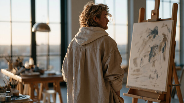 Artist gazing at unfinished canvas in empty studio at dusk, default mode network creative incubation, art practice solitude, painter mind wandering productive state, contemplative