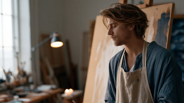 Artist gazing at unfinished canvas in empty studio at dusk, default mode network creative incubation, art practice solitude, painter mind wandering productive state, contemplative