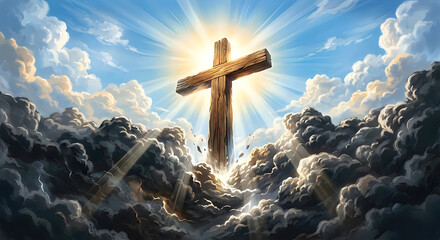 A weathered wooden cross rises through dark, turbulent storm clouds, pierced by a powerful, brilliant sunburst, symbolizing hope and endurance during life’s most difficult trials.