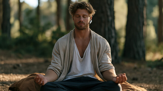 Meditating man in forest clearing with biofeedback breathing device clipped to earlobe, vagus nerve stimulation nature therapy, outdoor mindfulness practice, nervous system