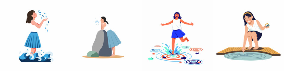 Set of vector illustrations featuring a young girl joyfully interacting with water through splashing, jumping in puddles, and touching the lake surface.