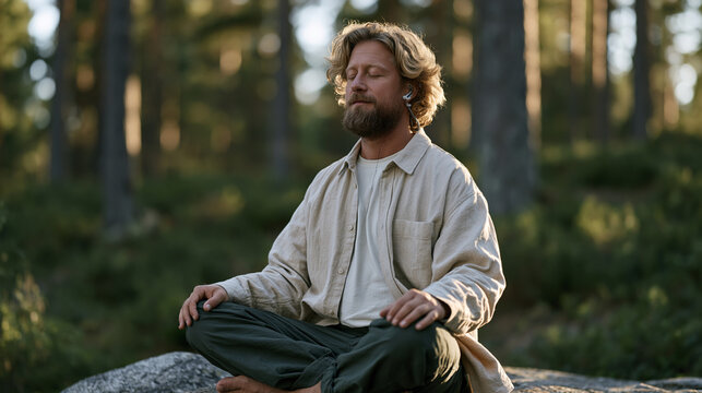 Meditating man in forest clearing with biofeedback breathing device clipped to earlobe, vagus nerve stimulation nature therapy, outdoor mindfulness practice, nervous system