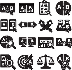 A/B testing, comparison, analysis icons, black vector set, 20 graphics © MD ACHADUL ISLAM