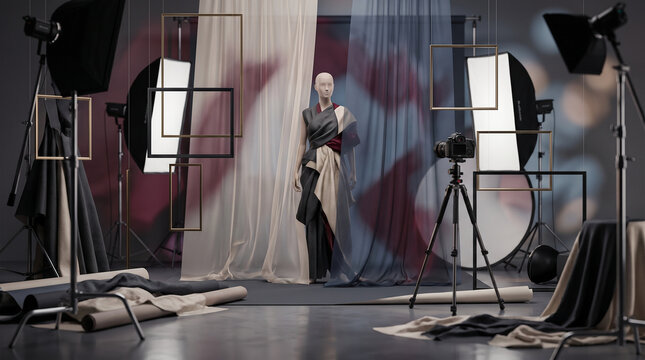 Anonymous Fashion Photography Studio with Fabric Screens and Floating Editorial Frames