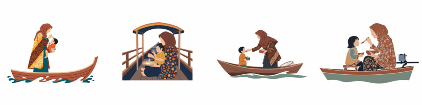 Illustration set of Muslim mothers wearing batik feeding their children on traditional wooden boats, depicted in a minimalist flat vector style.