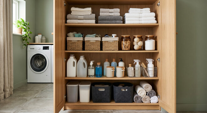 Open utility cabinet with bottles towels and storage bins as open utility cabinet detail for organized laundry room supplies