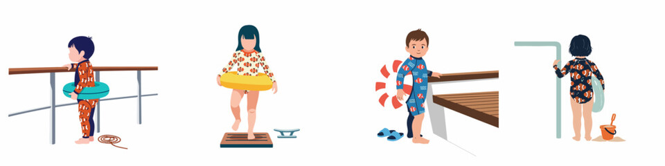 Collection of flat illustrations showing toddlers in fish-patterned swimwear with life rings and buoys, emphasizing summer fun and water safety for kids. © Muqodimatul