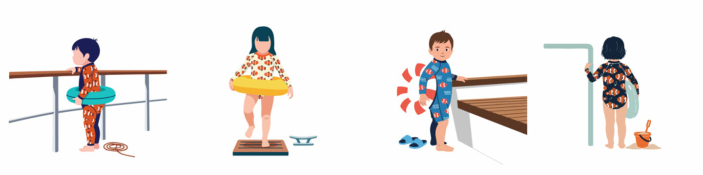 Collection of flat illustrations showing toddlers in fish-patterned swimwear with life rings and buoys, emphasizing summer fun and water safety for kids.
