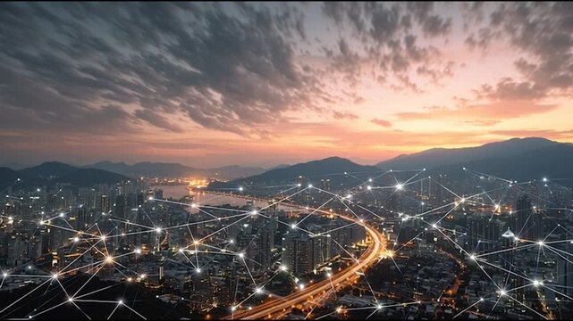 Smart Innovation city with connection cyber security network reciprocity over the cityscape . future wireless digital city and social media networking systems that connects people with in the city