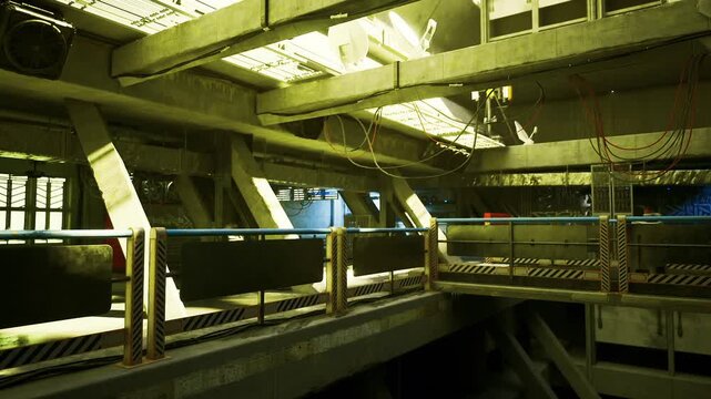 Shadowed service bay with metal barriers, low fluorescent glow and rusted fittings, safety tape and overhead ducts, exposed framework and dimness creating