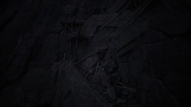 Dark cliffside stairwell and platforms in nearblack shadow, weathered wooden steps and narrow ledges create claustrophobic tension, raw texture and silent decay