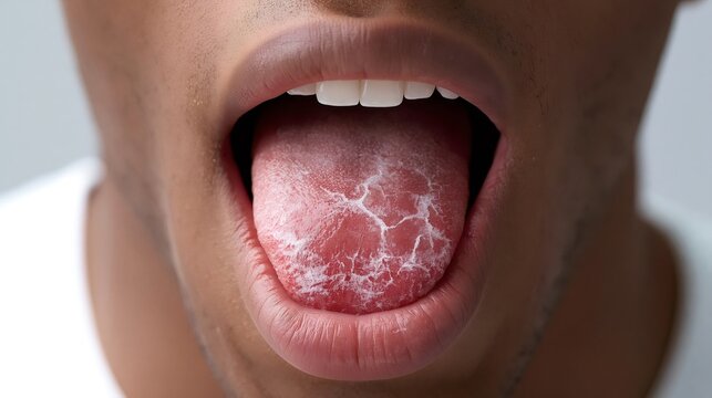 Black man is opening his mouth, revealing a severely dry and cracked tongue covered with a thick white coating, indicating symptoms of dehydration, xerostomia, or a medical condition