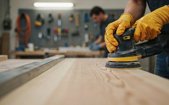A woodworker wearing yellow protective gloves uses a handheld electric sander to smooth a large wooden board in a workshop with tools behind isolated on a transparent background