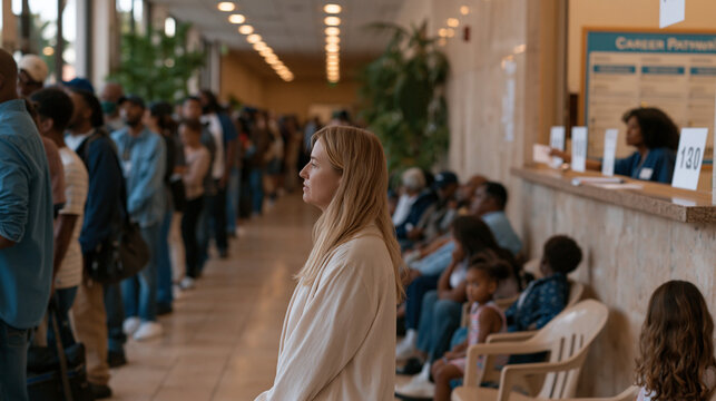 Long unemployment assistance queue fills municipal lobby with workers of various trades carrying tool bags and professional portfolios, intake worker calling numbers at window,