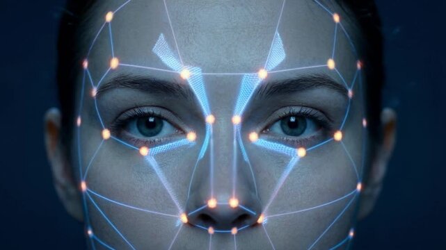 Biometric facial recognition technology scanning female face with glowing blue grid. Woman looking at camera during digital identity verification. Cyber security and artificial intelligence concept