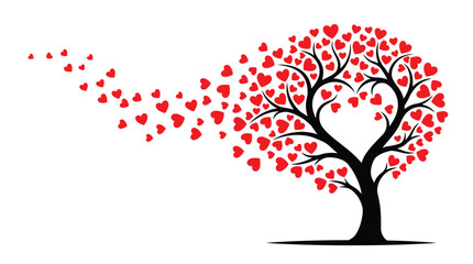 Naklejka premium Artistic silhouette of a black tree with vibrant red hearts drifting away like leaves in the wind to symbolize love and romantic affection captured in a simple graphic style on white background.