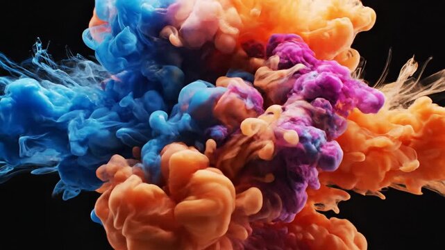 Abstract blue and orange ink clouds swirling in water against a solid black background creating a vibrant smoke effect.