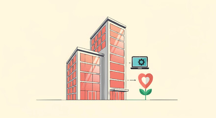 Naklejka premium Modern Office Building Illustration with Technology and Company Culture Icons - Concept for Corporate Social Responsibility and Employee Wellness