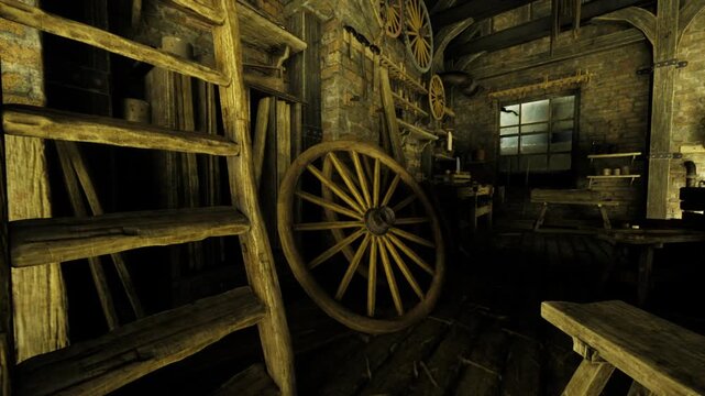 Moody rustic workshop with wagon wheel, ladder, lantern and dustfilled shafts of light weathered wooden bench, stacked planks and scattered tools evoke vintage