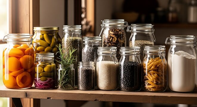 Clear glass jars filled with various food ingredients on a wooden kitchen shelf. food preservation tips