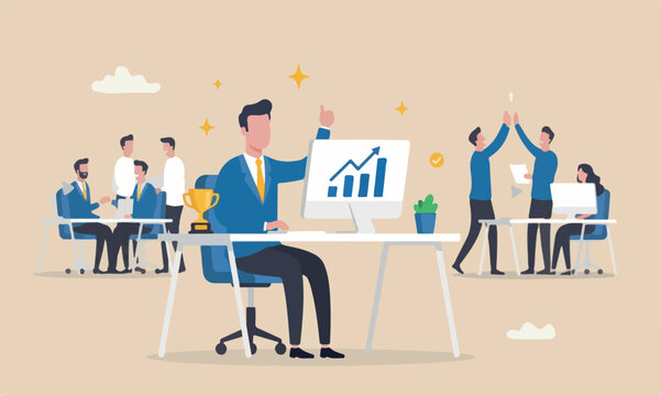 Success or, winning work strategy, happiness in workplace or career development, work satisfaction concept, happy businessman working office computer desk