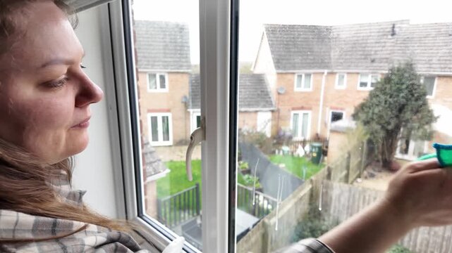 Woman spraying cleaning agent and cleaning window, household routine, domestic chores, home maintenance, everyday lifestyle. High quality 4k footage