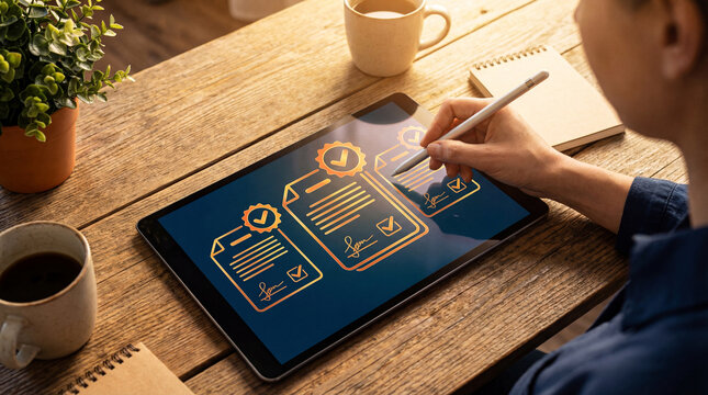 Person using stylus on tablet for electronic signature and glowing digital document approval, Professional verifying and signing digital paperwork with smart technology in modern workspace.