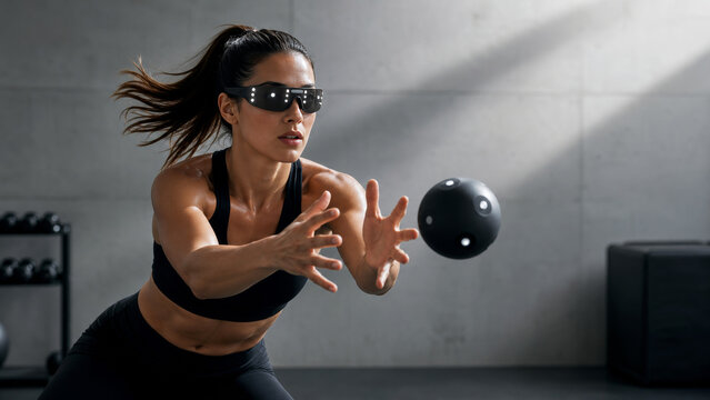 Athletic woman training with smart glasses catching medicine ball in modern gym