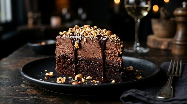 Slice of dense chocolate fudge cake topped with chopped roasted hazelnuts chocolate hazelnut
