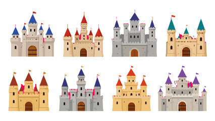 Set of colorful medieval castle facades in flat vector style © icon_art