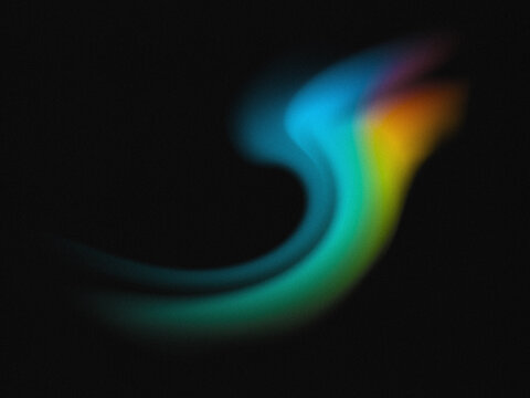 Abstract gradient background Glowing fluid curved shape in bright dynamic rainbow colors with smooth transitions on black background with soft grain texture Design element for backdrop, poster, cover