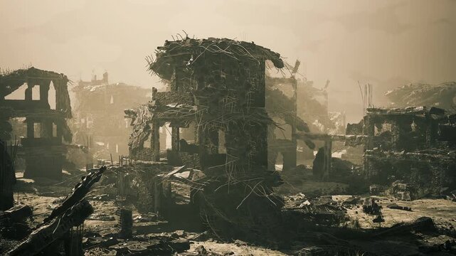 Salvage zone among ruins, scattered metal and machinery, crane arms framing sky, potential for resource recovery under dusty light and quiet tension.