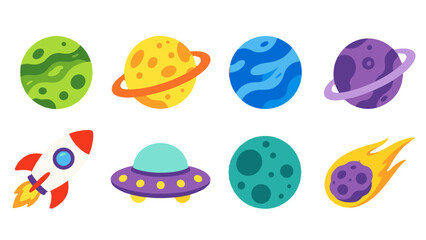 Set of colorful cartoon planets, rocket, UFO, and meteor © icon_art