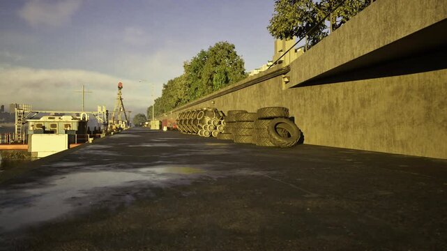 sunlit urban rooftop with rolled roofing, puddles and long shadows, distant skyline and treeline, worn tar and gravel textures, parapet edge and stacked rolls,